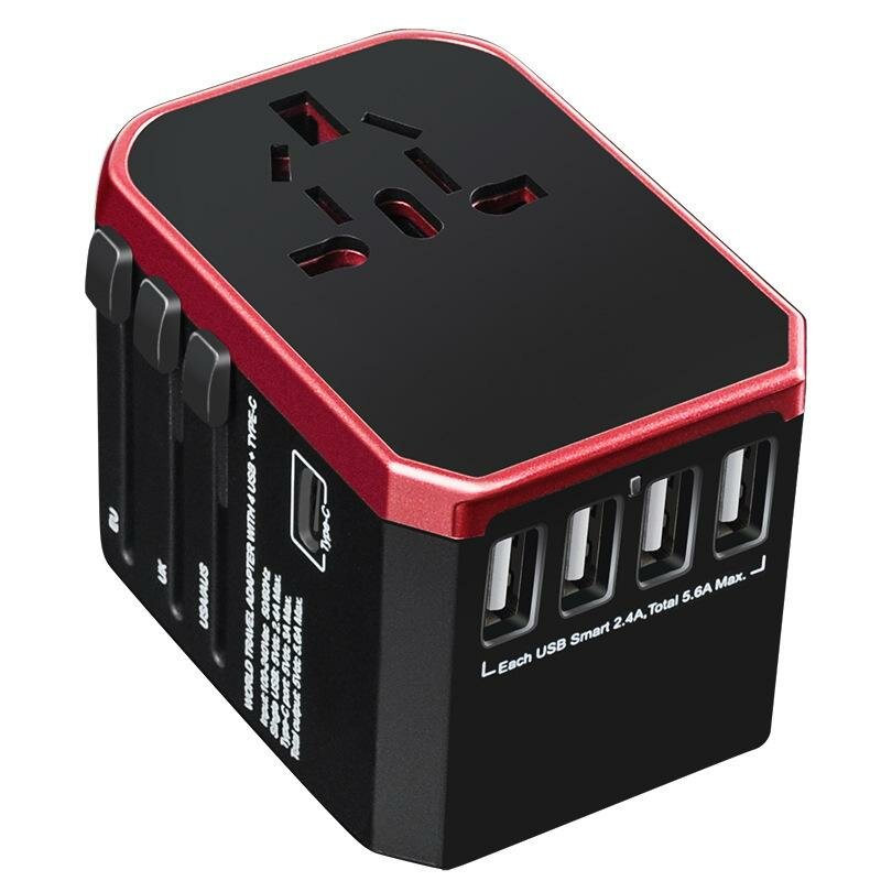 Перехідник мережевий XOKO WC-050 на Eu, 4xUSB, 1xUSB TYPE-C, 5,6A Black/Red