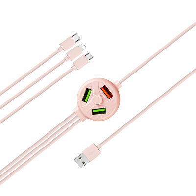 Кабель 6в1 Хаб XOKO SC-3000 USB - 3X USB - Apple Lightning/MicroUSB/USB Type-C Pink