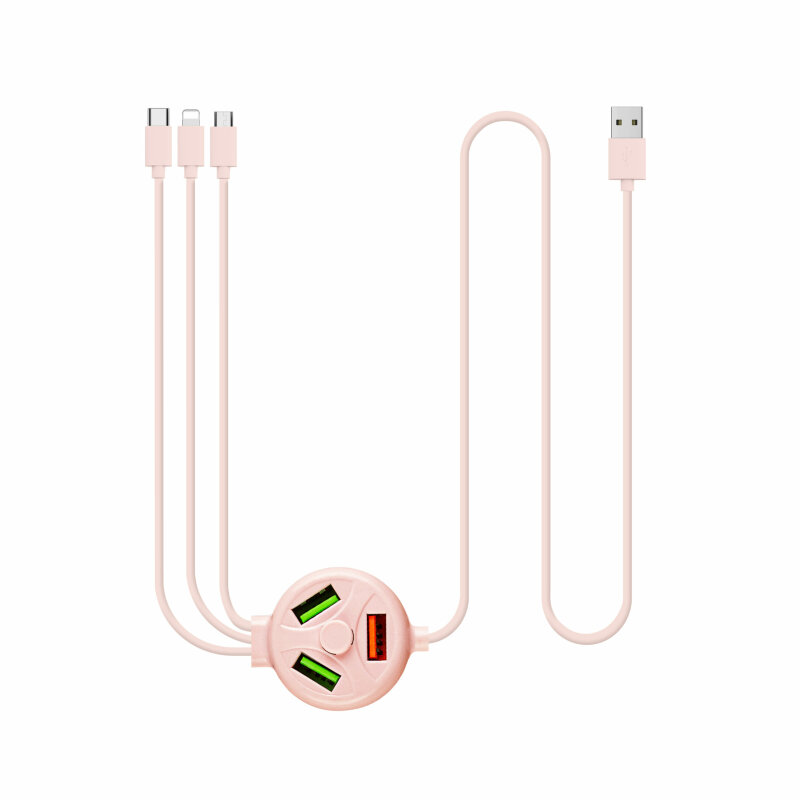 Кабель 6в1 Хаб XOKO SC-3000 USB - 3X USB - Apple Lightning/MicroUSB/USB Type-C Pink
