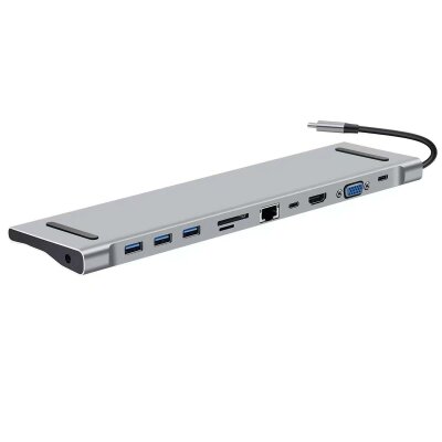 Док станція 11-в-1 XOKO AC-1100 USB-C HDMI/VGA/3xUSB 3.0/2xUSB-C PD 3.0/RJ45/SD/MicroSD/AUX 3.5