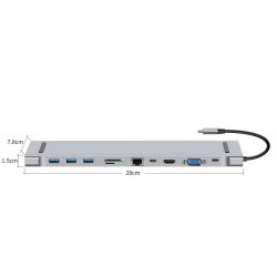 Док станція 11-в-1 XOKO AC-1100 USB-C HDMI/VGA/3xUSB 3.0/2xUSB-C PD 3.0/RJ45/SD/MicroSD/AUX 3.5