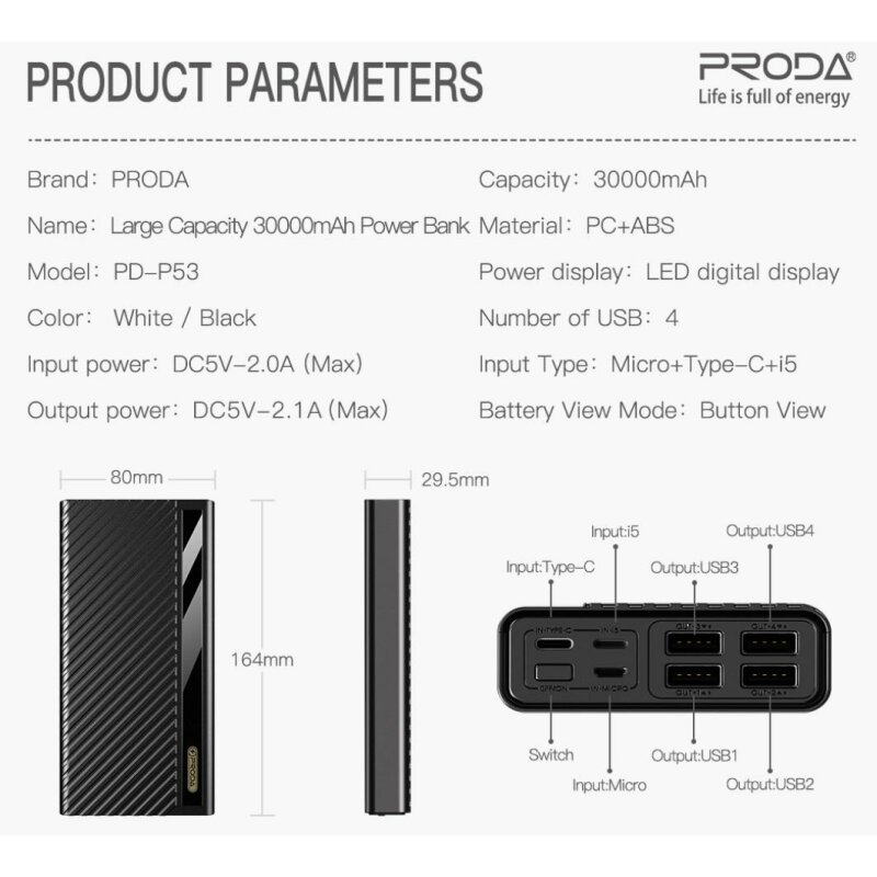 УМБ Proda Castel series Power Bank 30000mAh PD-P53 чорний