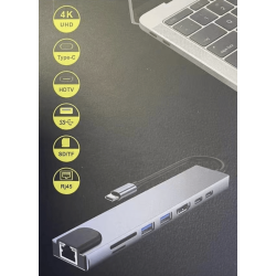 USB-хаб XoKo AC-550 8 в 1, Type-C to RJ45+HDMI+2xUSB 3.0+ TF,SD reader+ PD Type-C+ Type-C (XK-AC550-SL)