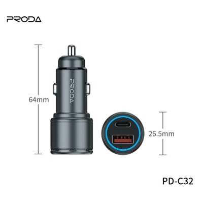 Автомобільний зарядний пристрій Proda Gerry 20W PD+QС3.0, TypeC 20W/3A + USB 18W/3A чорний