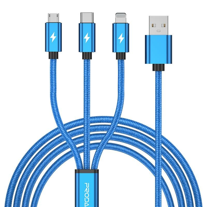 Кабель 3 в 1 Proda PD-B65th Lightning,Type-C,Micro USB 2А з передачею даних блакитний