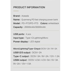 УМБ Proda PD P-72 20000 mAh USB 22,5W/4,5A Fast Charge, 3xUSB output, Fast Charging Input Type-C White