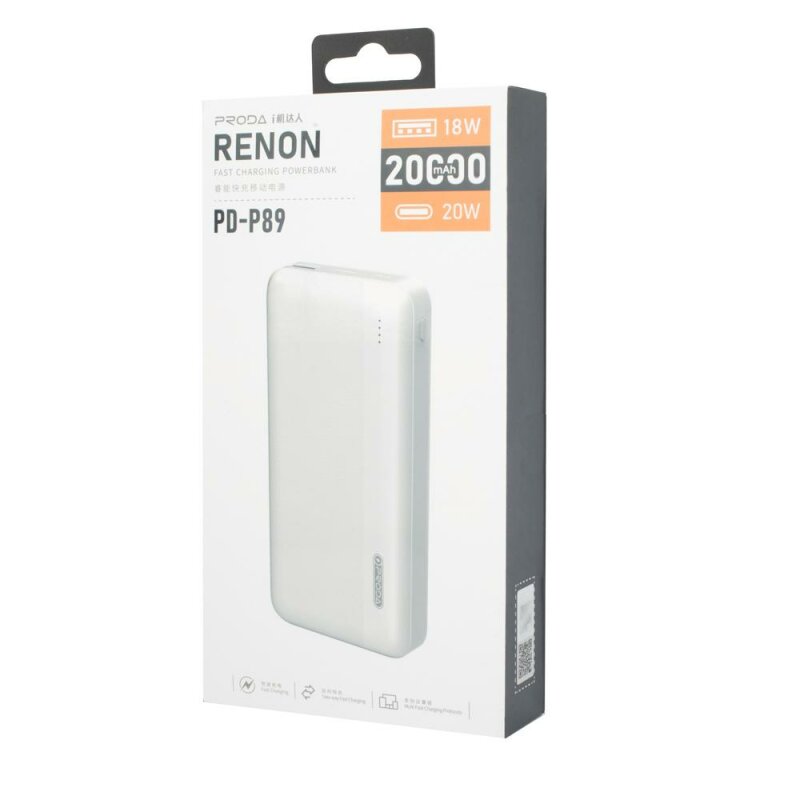 УМБ Proda PD P-89 20000 mAh USB 18W Fast Charge, Type-C PD 20W output, Fast Charging Input White