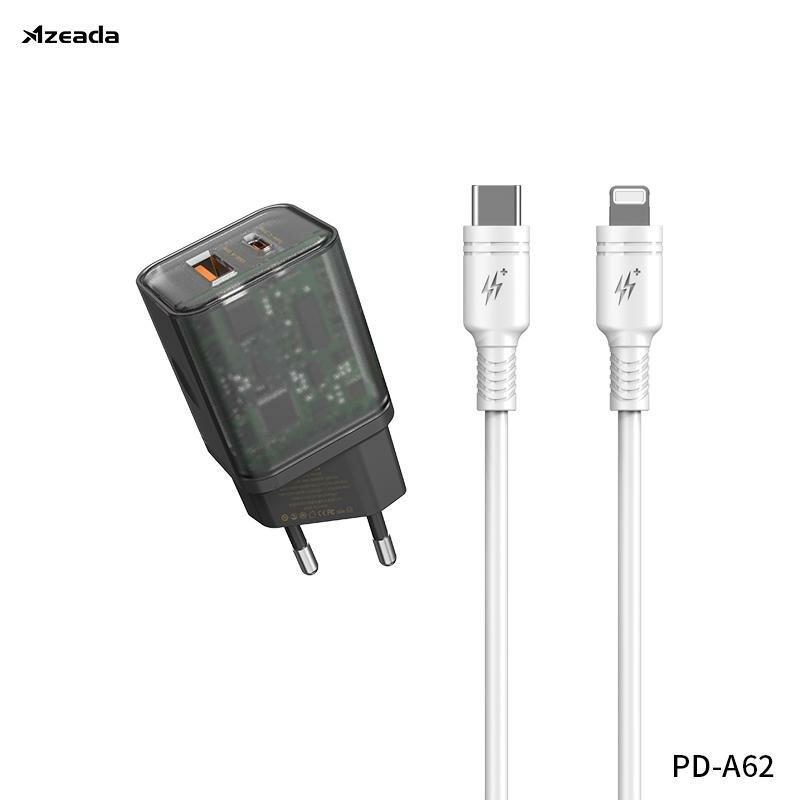 Мережевий зарядний пристрій Proda Xinrui A62 Fast Cherge 20W + Quick Charge 3.0 USB Type-C PD + USB cable чорний прозорий
