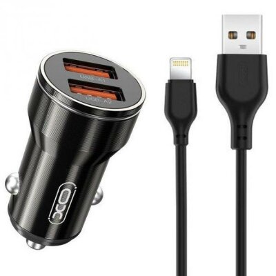 Автомобільний зарядний пристрій + кабель Lightning XO CC48 Smart Metal 2USB, 2.4A Чорний