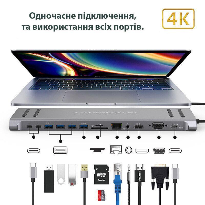 Док станція 14-в-1 XOKO AC-1400 USB-C HDMI/VGA/1xUSB 3.0/3xUSB 2.0/2x USB-C/1xUSB-C PD/RJ45/SD/MicroSD/AUX 3.5 мм/підставка