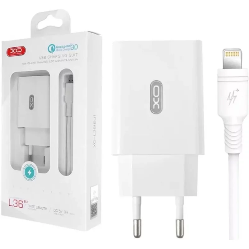 МЗП QC 3.0 XO L36 18W/1USB + lightning White