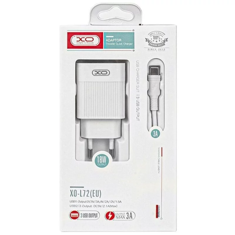 МЗП QC 3.0 XO L72 30W (18W/1USB + 2.4A/2 USB) + Type C White