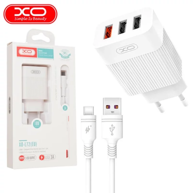 МЗП QC 3.0 XO L72 30W (18W/1USB + 2.4A/2 USB) + Type C White