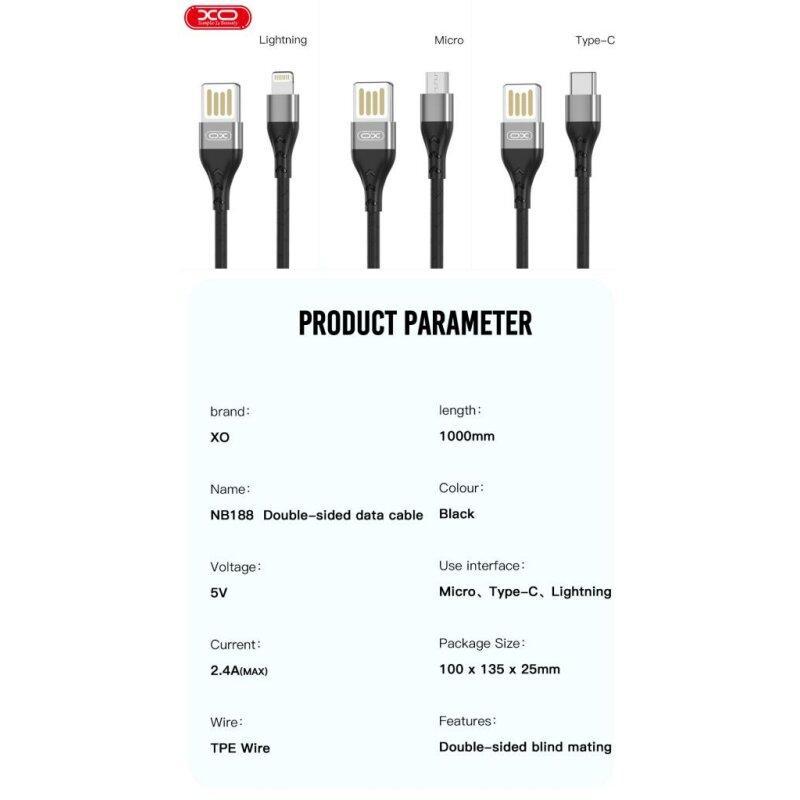 Кабель XO lightning NB188 Double-side 2.4A/1m Grey