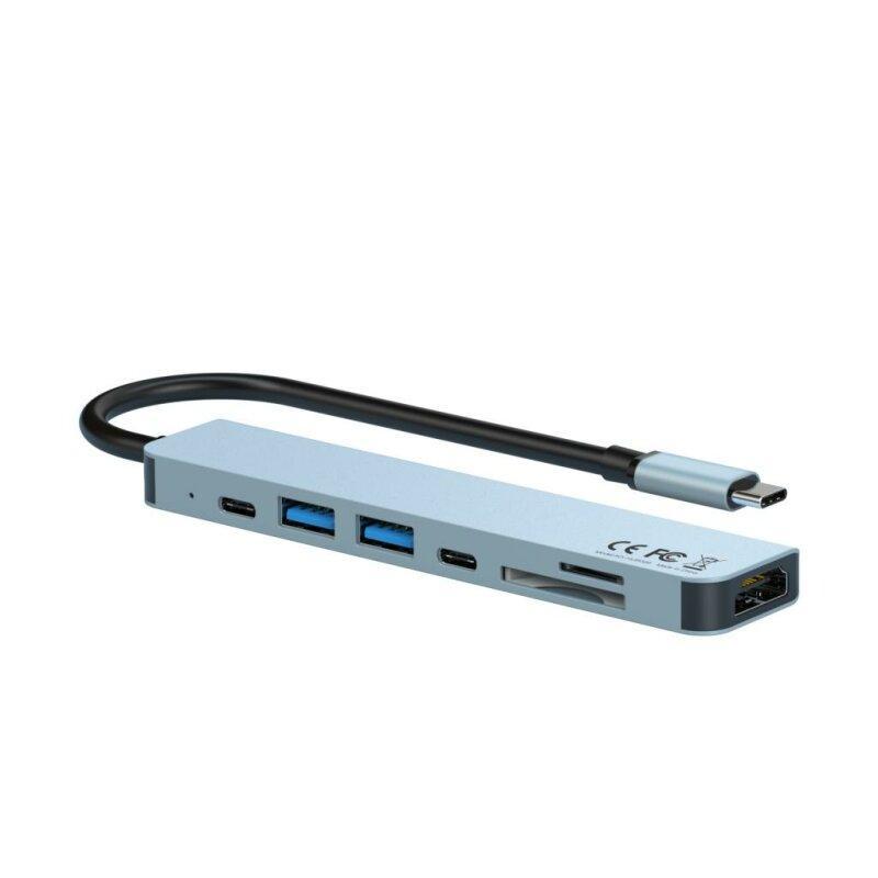 Hub XO HUB008 Type-C | USB+HDMI+Type-C+SD+microSD PD 100W 7 in 1 Silver