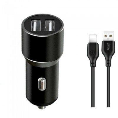Автомобільний зарядний пристрій XO TZ09 2.4A/2 USB + кабель lightning Black