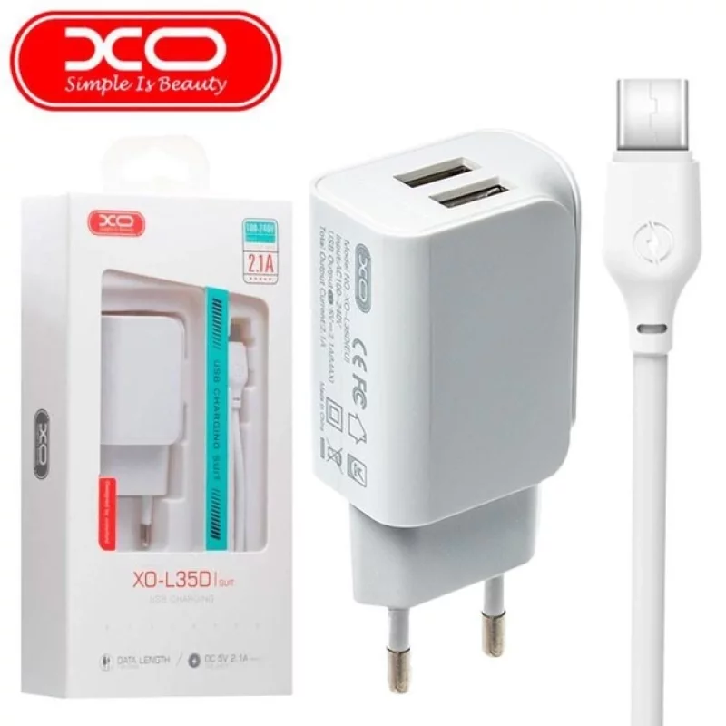 МЗП XO L35D (2USB 2.1 A) + Кабель Type-C White