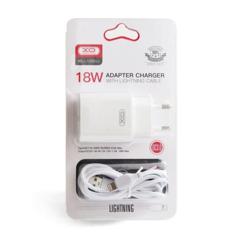 Мережевий зарядний пристрій XO L103 single USB QC3.0 18W 3A + кабель Lightning White