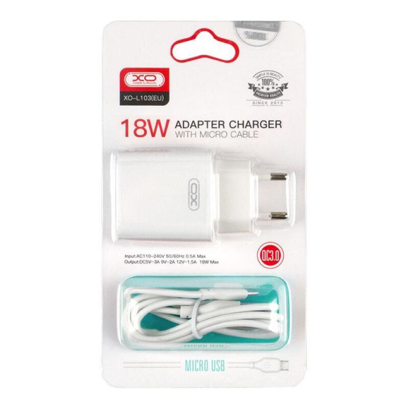 Мережевий зарядний пристрій XO L103 single USB QC3.0 18W 3A + кабель Micro USB White