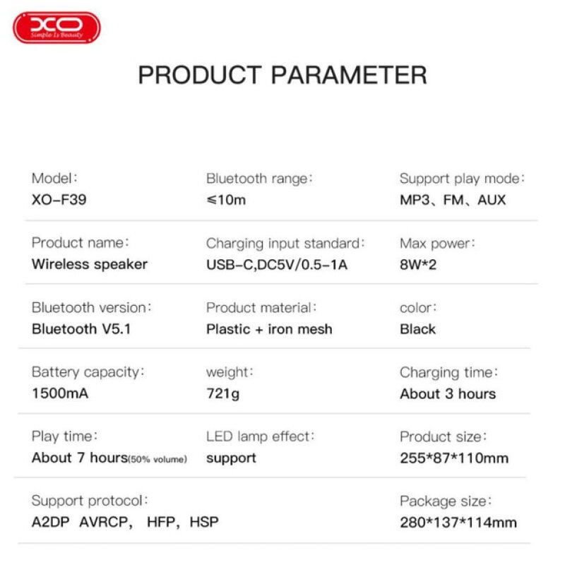 Портативна Бездротова Bluetooth Колонка Акустика XO F39 RGB | BT5.1, AUX / USB, TWS, 18W, 7h | Чорна - Зображення 7