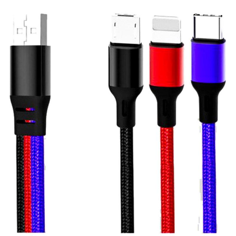 USB Кабель XO NB143 3in1 USB - Lightning + MicroUSB + Type-C (1.2М) (чорний+червоний+синій)