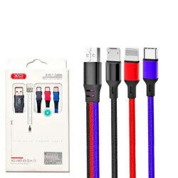 USB Кабель XO NB143 3in1 USB - Lightning + MicroUSB + Type-C (1.2М) (чорний+червоний+синій)