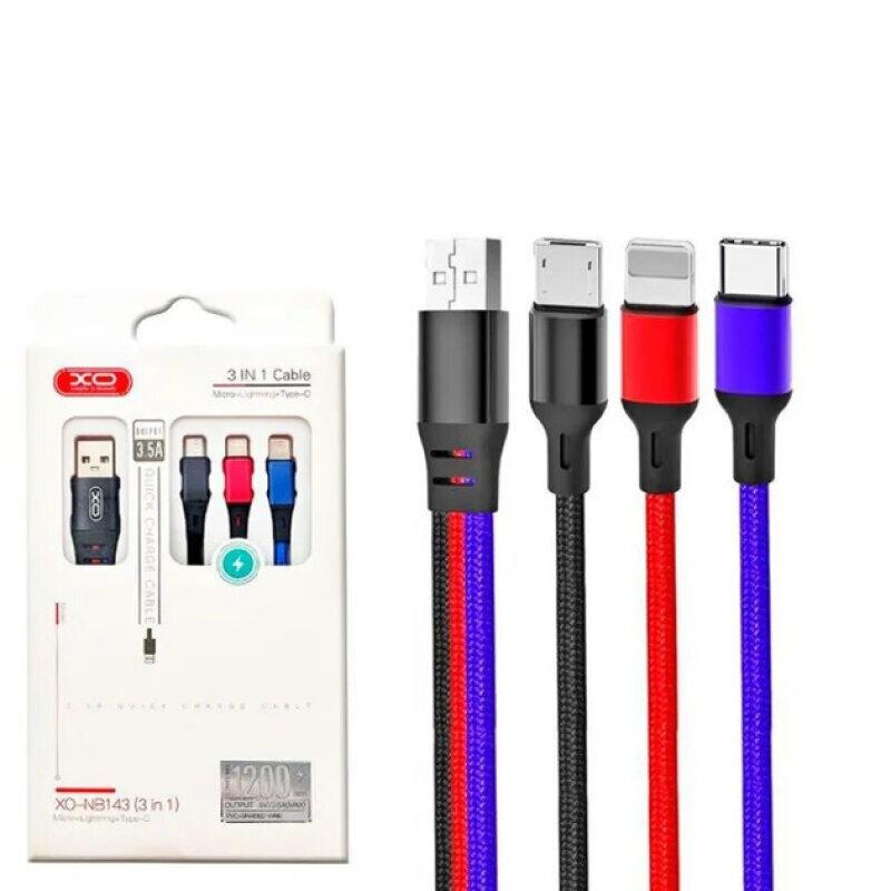 USB Кабель XO NB143 3in1 USB - Lightning + MicroUSB + Type-C (1.2М) (чорний+червоний+синій) - Зображення 2