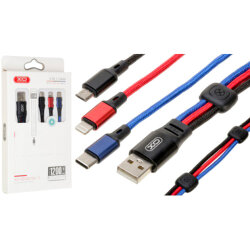 USB Кабель XO NB143 3in1 USB - Lightning + MicroUSB + Type-C (1.2М) (чорний+червоний+синій)