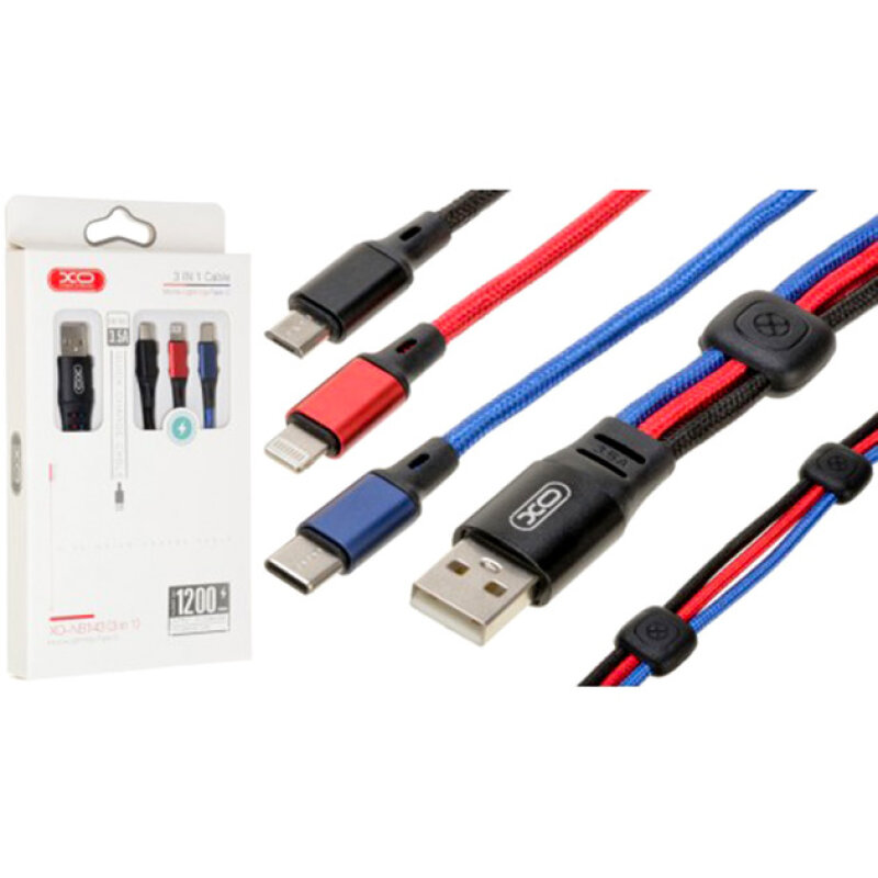 USB Кабель XO NB143 3in1 USB - Lightning + MicroUSB + Type-C (1.2М) (чорний+червоний+синій) - Зображення 3