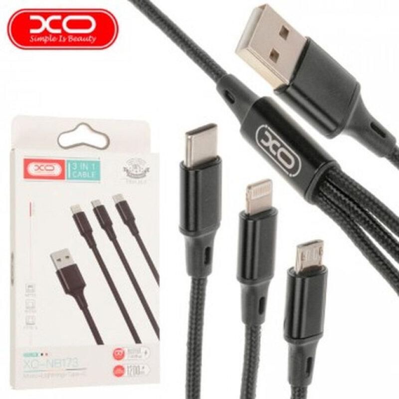 USB Кабель XO NB173 3in1 USB - Lightning + MicroUSB + Type-C (1.2М) (чорний) - Зображення 4