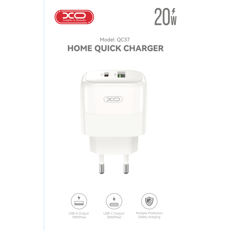 Мережевий зарядний пристрій QC37 PD20W/QC18W (1USB-A+1USB-C) Fast Charging - Зображення 5