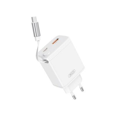 Мережевий зарядний пристрій XO CE31  30W Gallium Nitride Fast Charger з Retractable Кабелем (1USB-A +1USB-C+1TYPE-C cable)