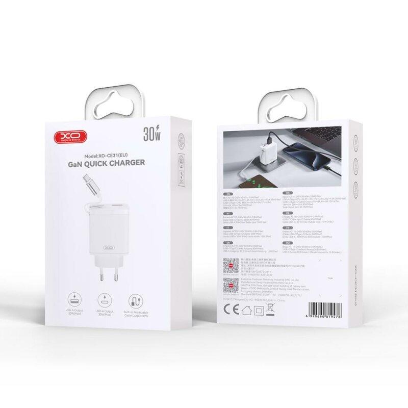 Мережевий зарядний пристрій XO CE31  30W Gallium Nitride Fast Charger з Retractable Кабелем (1USB-A +1USB-C+1TYPE-C cable) - Зображення 8