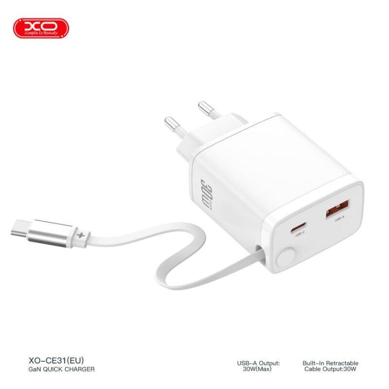 Мережевий зарядний пристрій XO CE31  30W Gallium Nitride Fast Charger з Retractable Кабелем (1USB-A +1USB-C+1TYPE-C cable) - Зображення 5