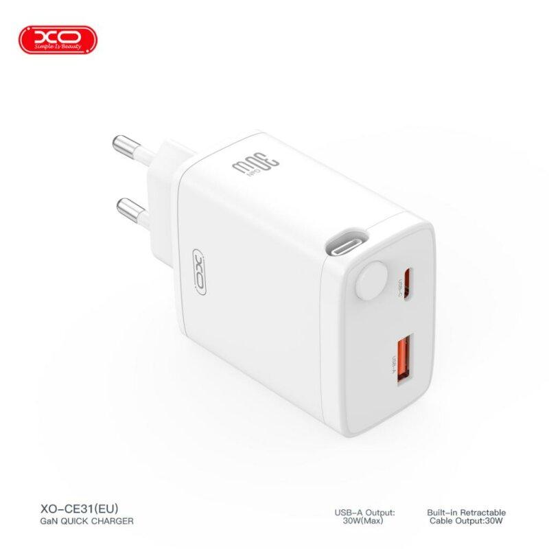 Мережевий зарядний пристрій XO CE31  30W Gallium Nitride Fast Charger з Retractable Кабелем (1USB-A +1USB-C+1TYPE-C cable) - Зображення 6