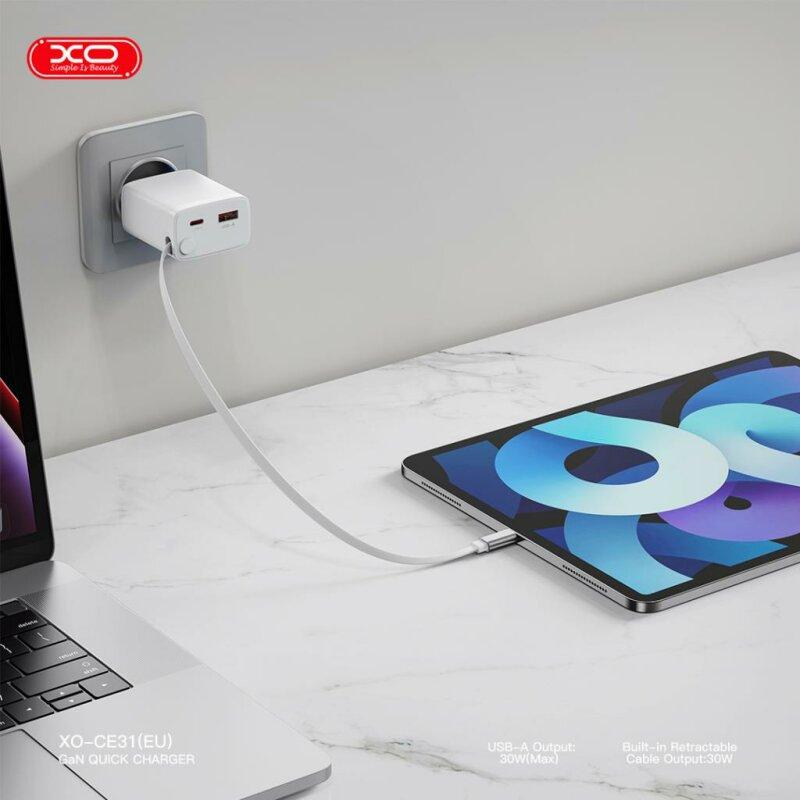 Мережевий зарядний пристрій XO CE31  30W Gallium Nitride Fast Charger з Retractable Кабелем (1USB-A +1USB-C+1TYPE-C cable) - Зображення 7