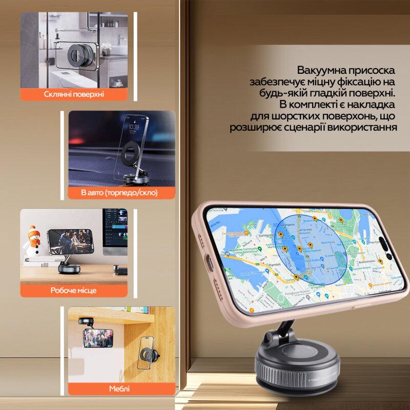 Тримач XOKO MSH-100 для телефону вакуумний з магнітним кільцем MagSafe та поворотом 360° компактний автомобільний або настільний тримач з присоскою для навігації та зйомки - Зображення 5