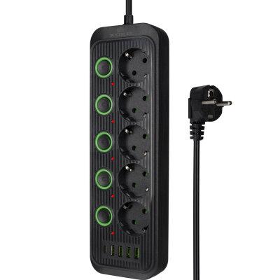 Мережевий фільтр XOKO SP-5-2-1, 2м, 5 розеток, 2 USB-A, 1 USB-C, вимикачі кожної розетки чорний