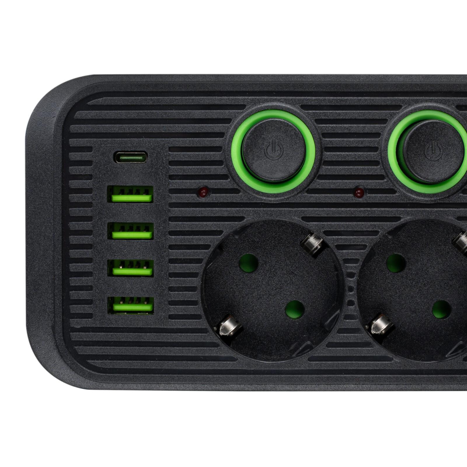 Мережевий фільтр XOKO SP-5-2-1, 2м, 5 розеток, 2 USB-A, 1 USB-C, вимикачі кожної розетки чорний - Зображення 2