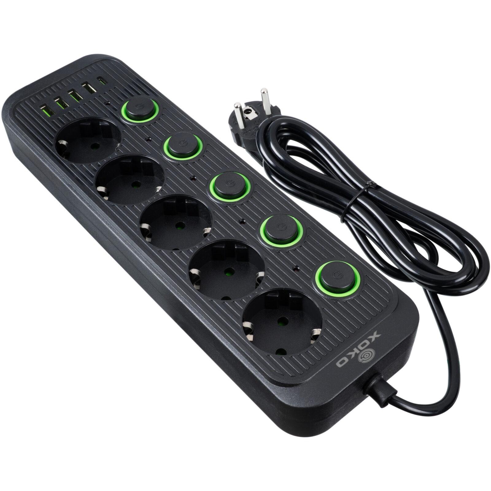 Мережевий фільтр XOKO SP-5-2-1, 2м, 5 розеток, 2 USB-A, 1 USB-C, вимикачі кожної розетки чорний - Зображення 3