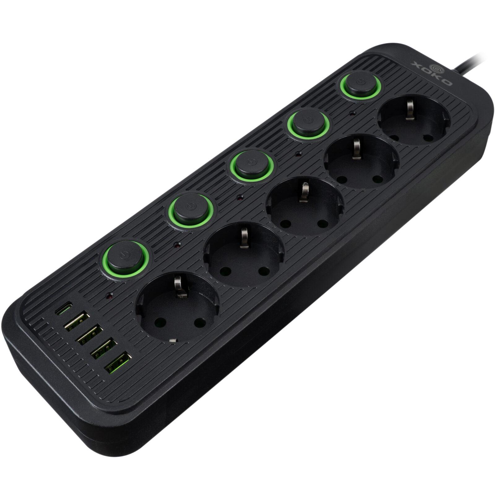Мережевий фільтр XOKO SP-5-2-1, 2м, 5 розеток, 2 USB-A, 1 USB-C, вимикачі кожної розетки чорний - Зображення 5