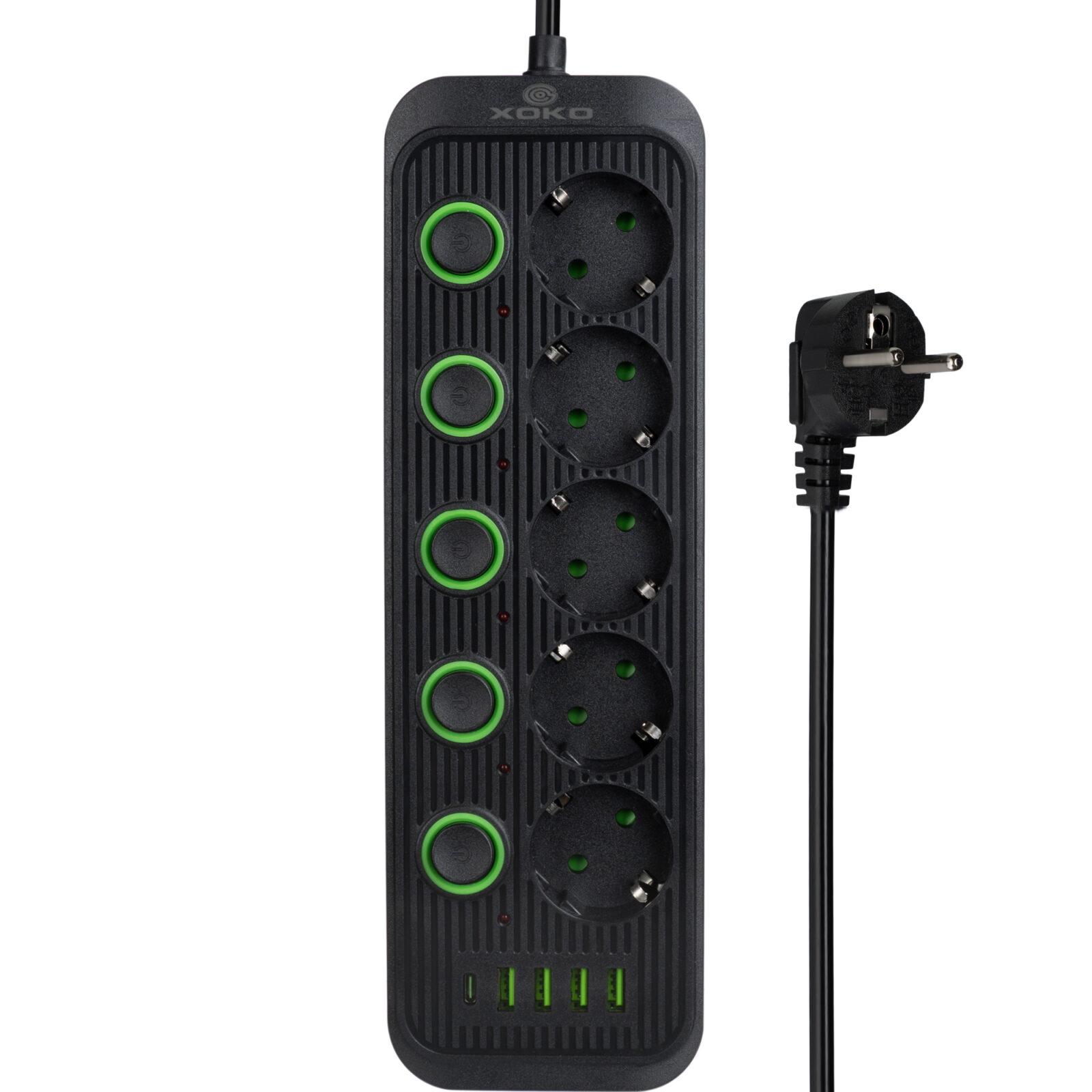 Мережевий фільтр XOKO SP-5-2-1, 2м, 5 розеток, 2 USB-A, 1 USB-C, вимикачі кожної розетки чорний - Зображення 10