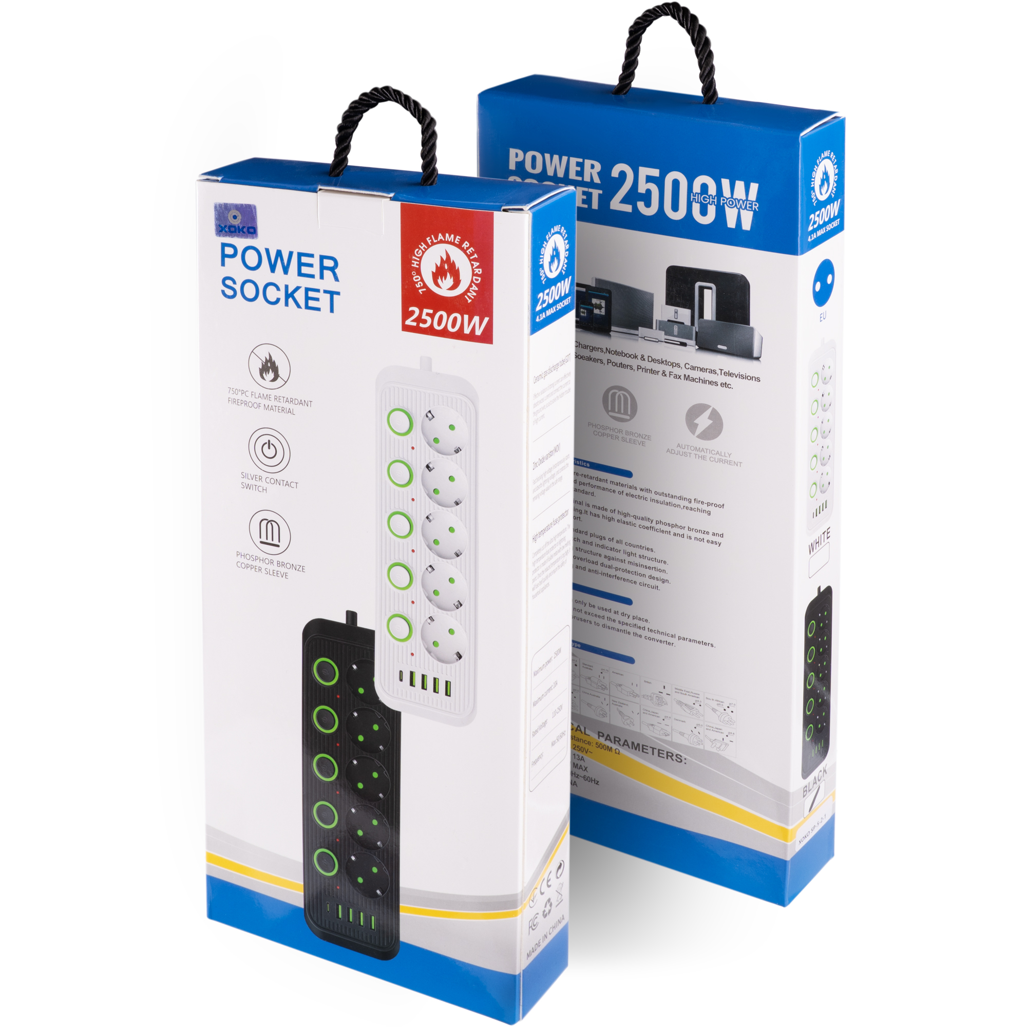 Мережевий фільтр XOKO SP-5-2-1, 2м, 5 розеток, 2 USB-A, 1 USB-C, вимикачі кожної розетки чорний - Зображення 13