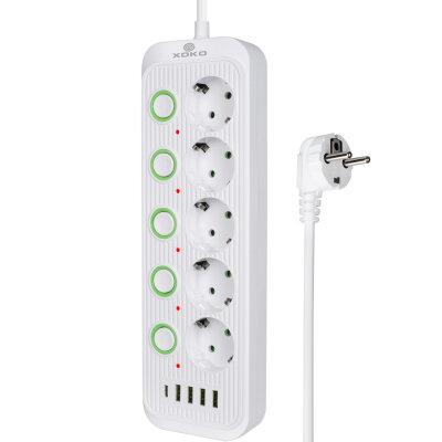 Мережевий фільтр XOKO SP-5-2-1, 2м, 5 розеток, 2 USB-A, 1 USB-C, вимикачі кожної розетки білий
