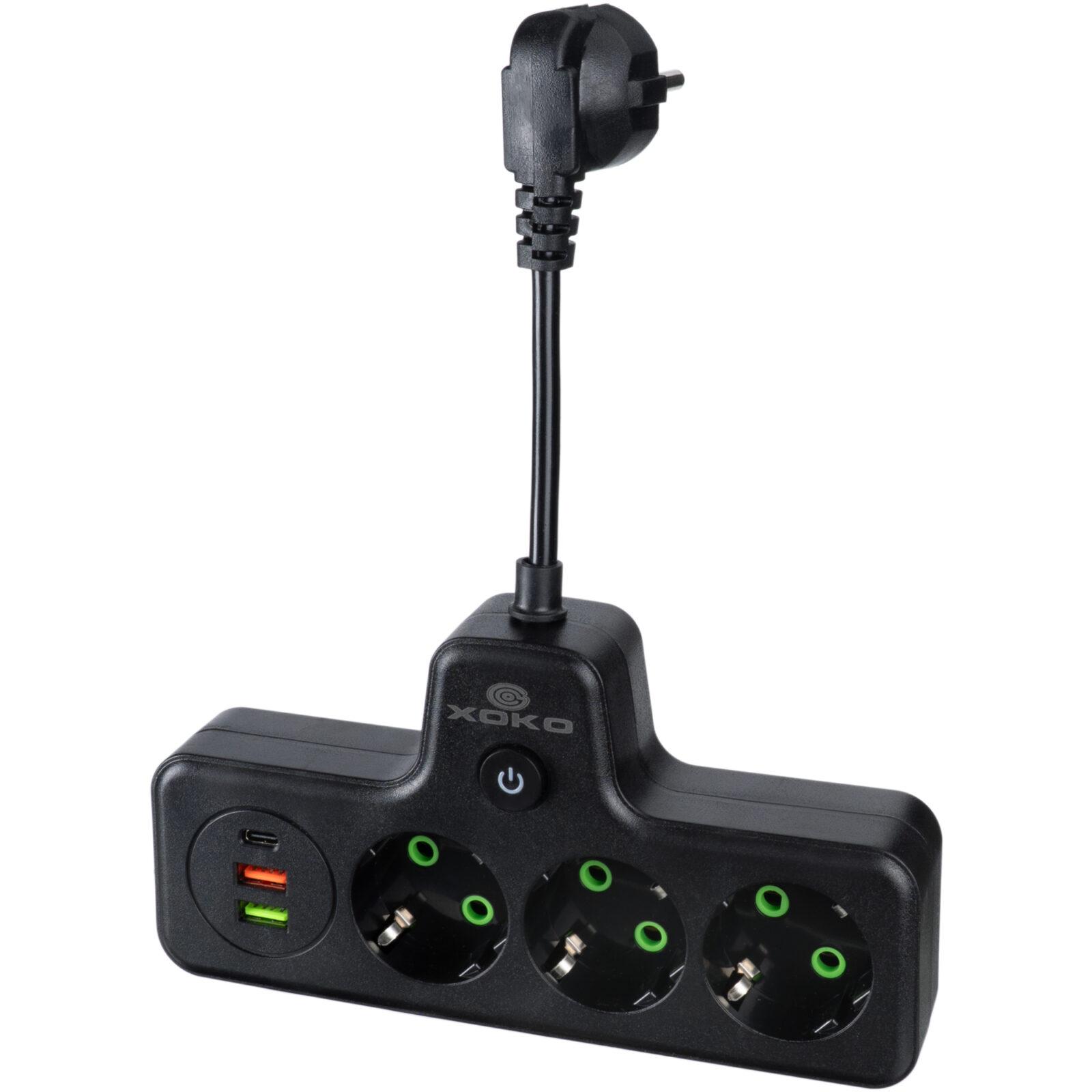 Мережевий фільтр XOKO SPW-3-2-1, 10 см, 3 розетки, 2 USB-A, 1 USB-C чорний