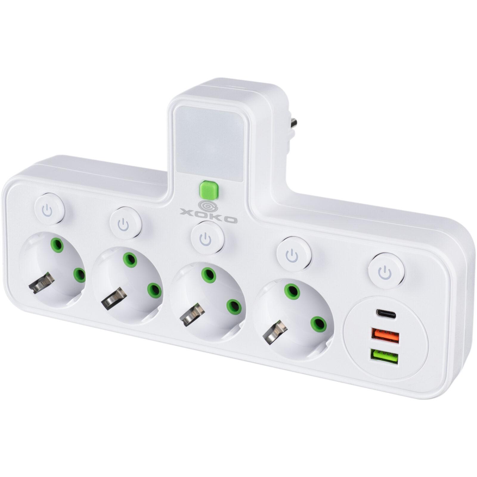 Мережевий фільтр XOKO SPW-4-2-1, 4 розетки, 2 USB-A, 1 USB-C, вимикачі кожної розетки білий