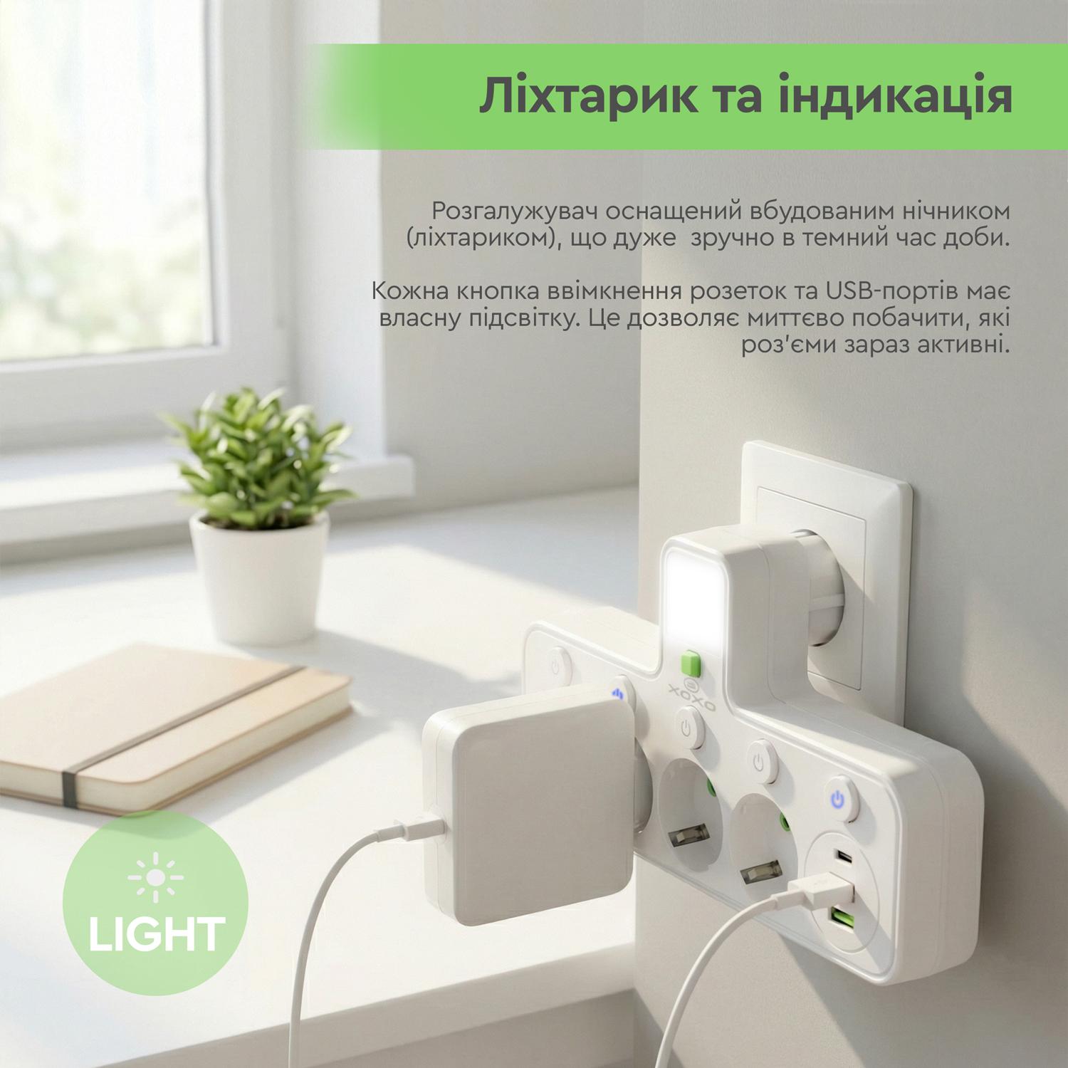 Мережевий фільтр XOKO SPW-4-2-1, 4 розетки, 2 USB-A, 1 USB-C, вимикачі кожної розетки білий - Зображення 7