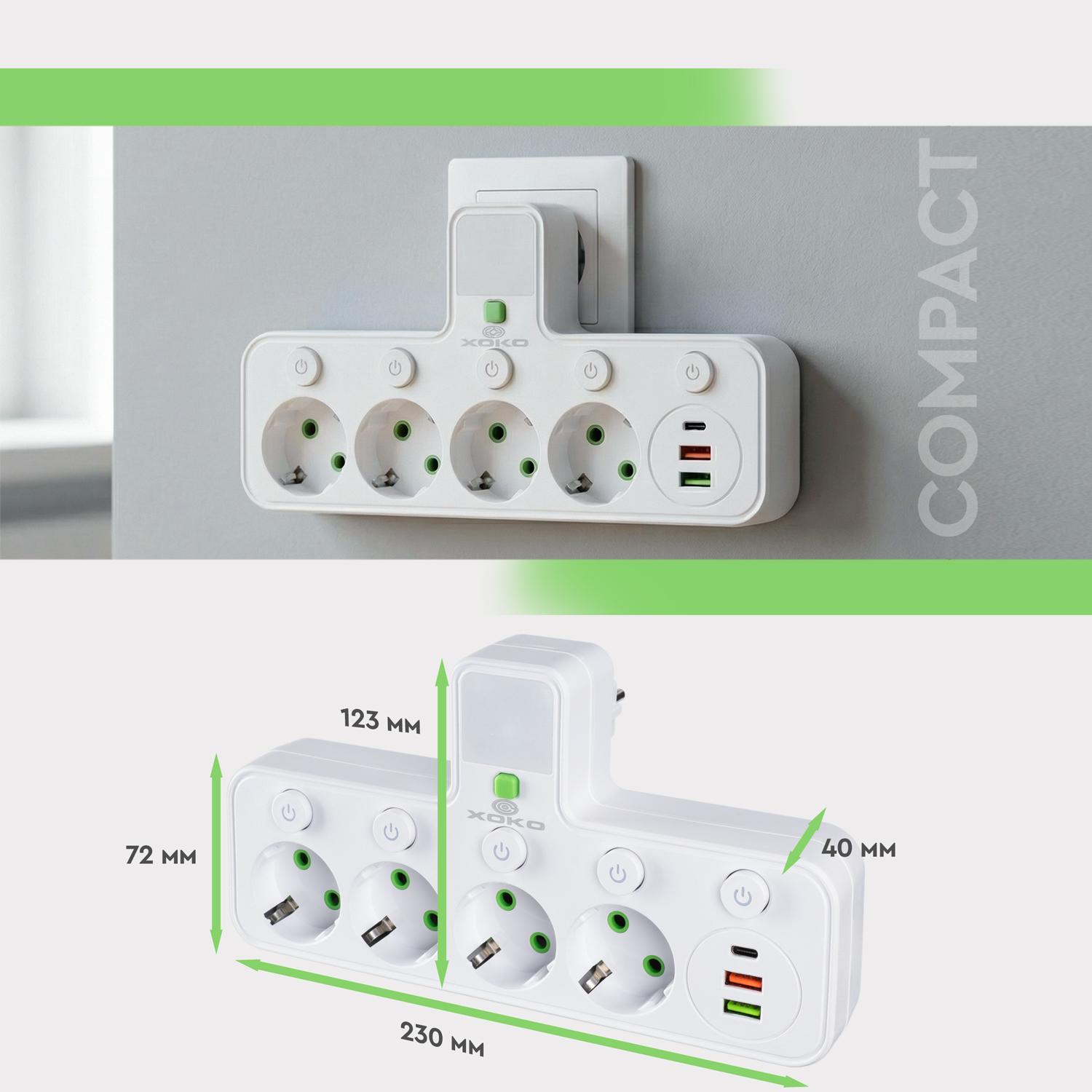 Мережевий фільтр XOKO SPW-4-2-1, 4 розетки, 2 USB-A, 1 USB-C, вимикачі кожної розетки білий - Зображення 9