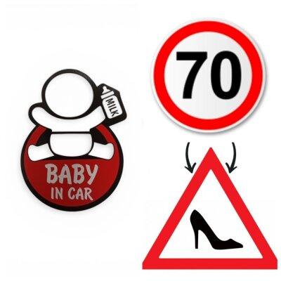 Набір наліпок на автомобіль XoKo  “Дитина в авто” “Обмеження швидкості 70 км/год” “Туфля” 3 шт.