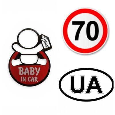Набір наліпок на автомобіль XoKo  “Дитина в авто” “Обмеження швидкості 70 км/год” “UA ” 3 шт.